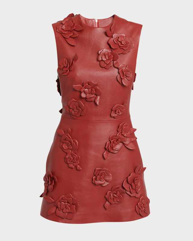 Flower-Applique Sleeveless Nappa Leather Mini Dress
