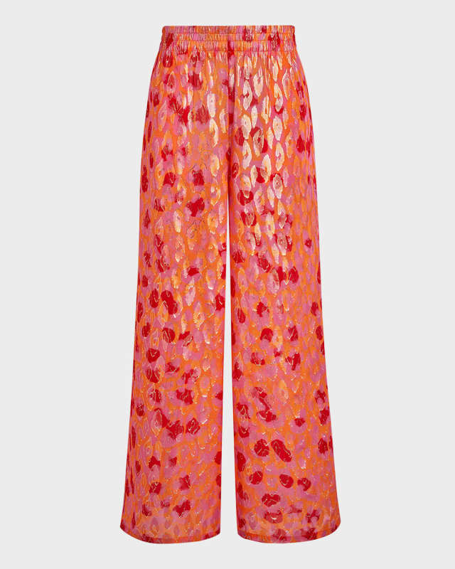 Abstract Leopard Printed Wide-Leg Silk Pants