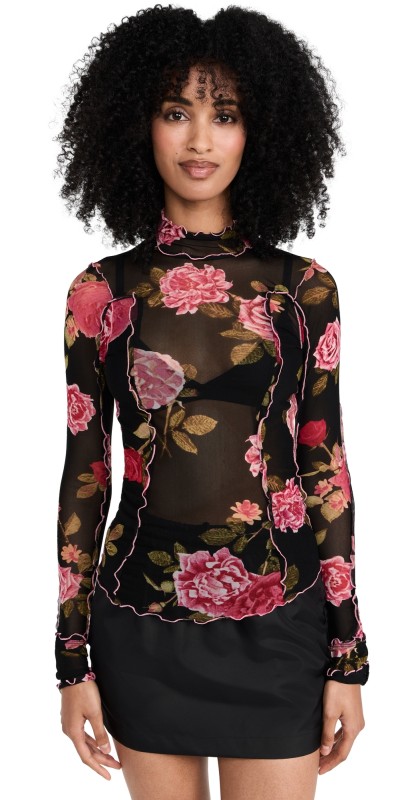 Free People Charlie Printed Mesh Top Black Combo