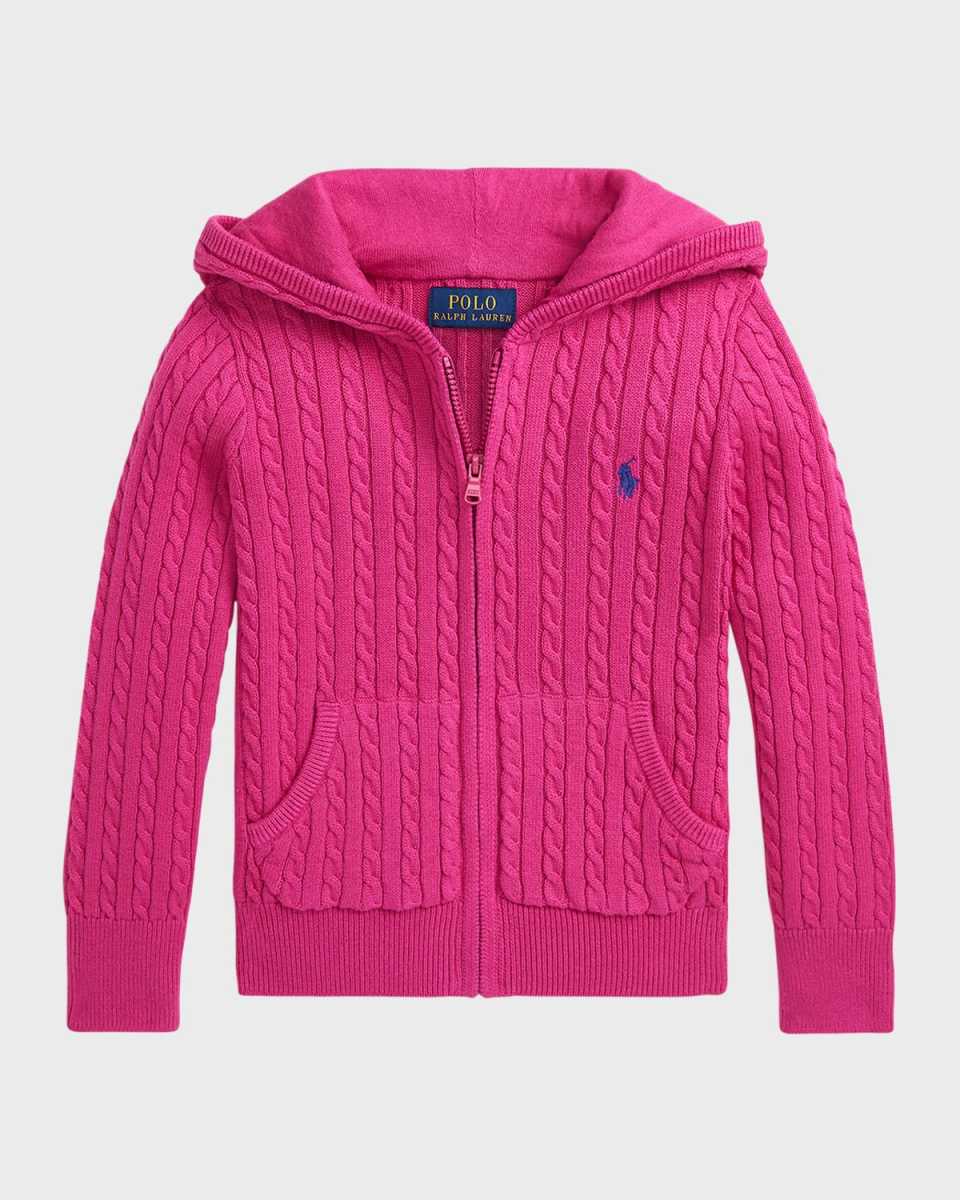 Girl's Embroidered Cable Knit Hoodie, Size 2-6X
