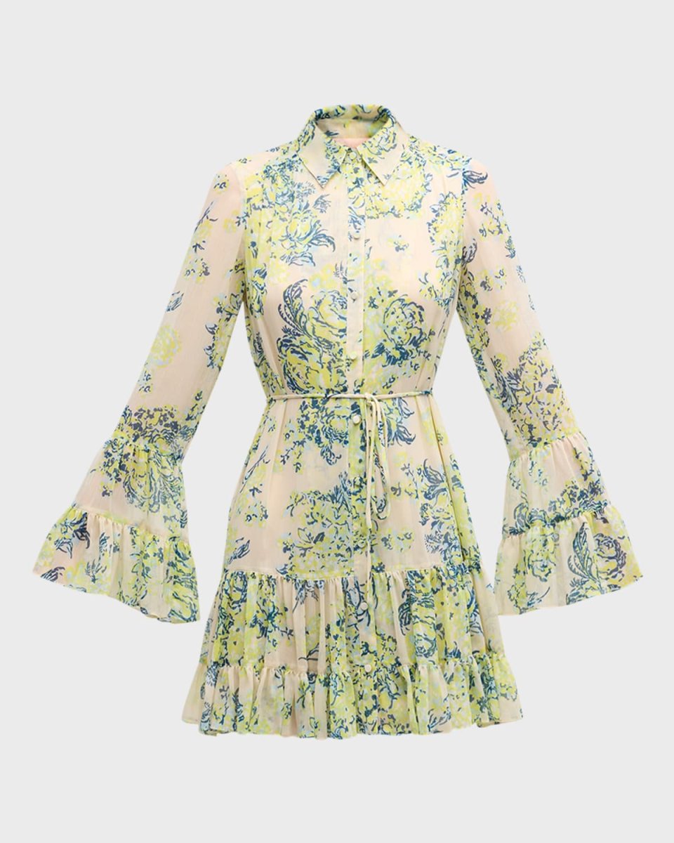 Lyra Floral Bell-Sleeve Mini Shirt Dress