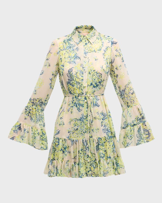 Lyra Floral Bell-Sleeve Mini Shirt Dress