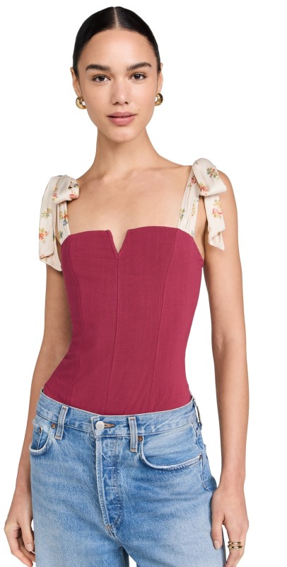 Free People Printed Lola Thong Bodysuit Red