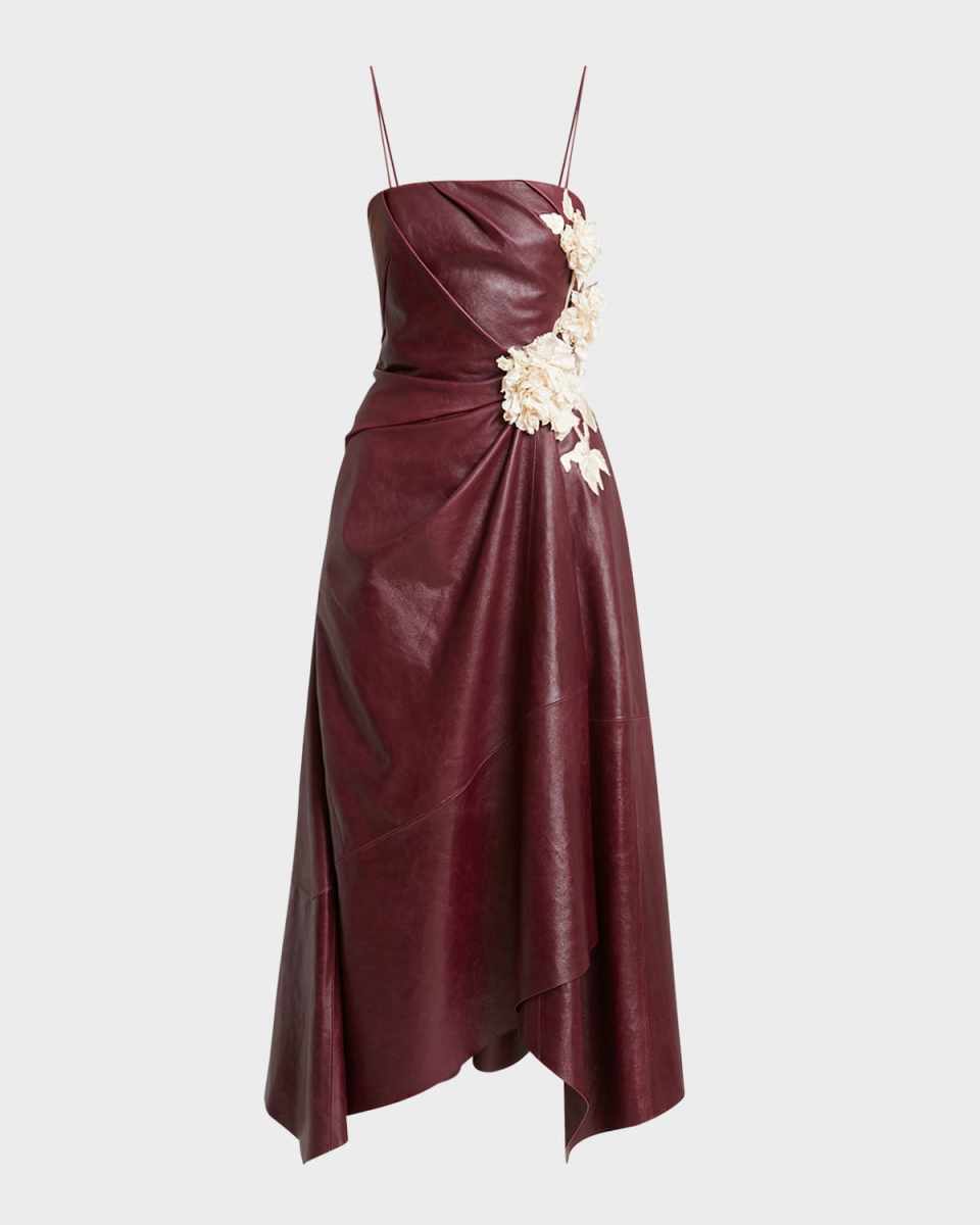 Leather Asymmetric Draped Floral Applique Dress