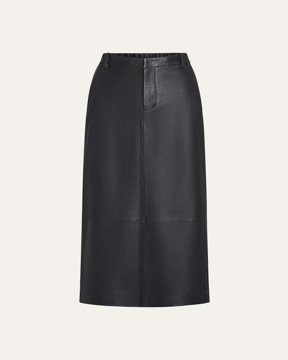 Mid-Rise Flared Leather Midi Skirt