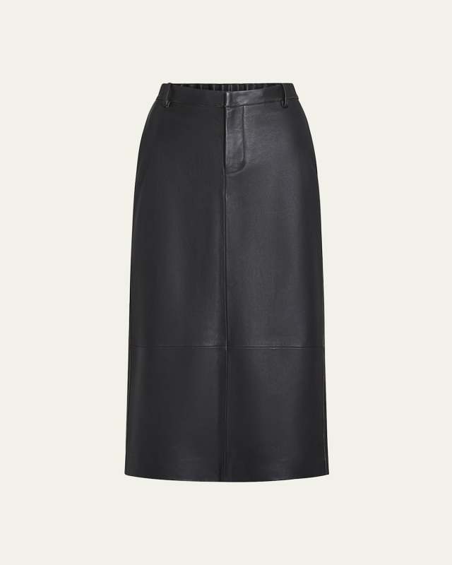 Mid-Rise Flared Leather Midi Skirt