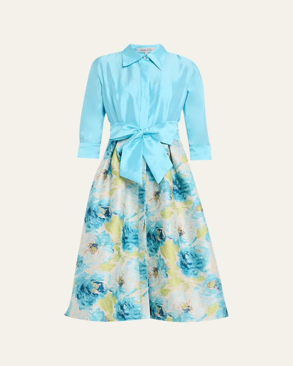 3/4-Sleeve Floral Jacquard Midi Shirtdress
