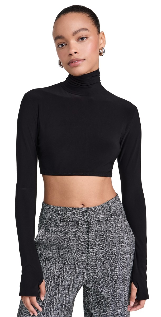 Norma Kamali Cropped Slim Fit Long Sleeve Turtleneck Top Black