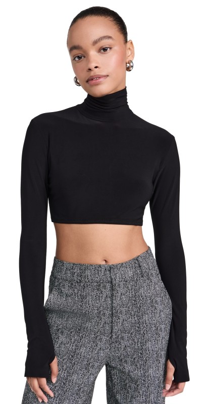 Norma Kamali Cropped Slim Fit Long Sleeve Turtleneck Top Black