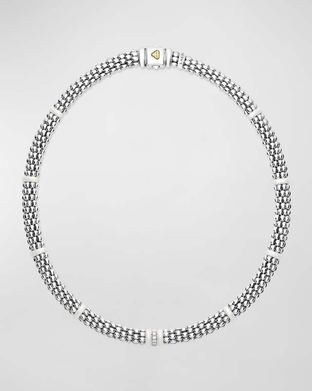 Sterling Silver and Gold White Caviar White Ceramic Diamond Link Necklace