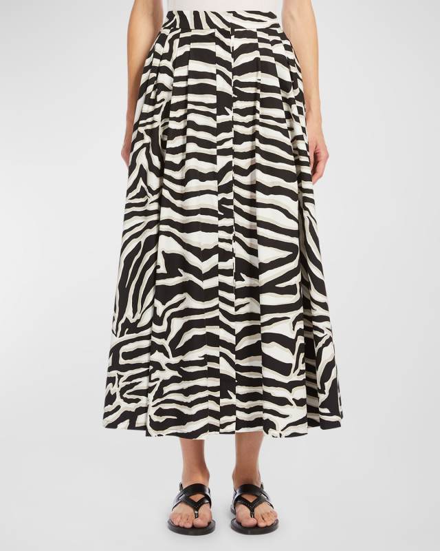Nichols Pleated Animal-Print Poplin Midi Skirt
