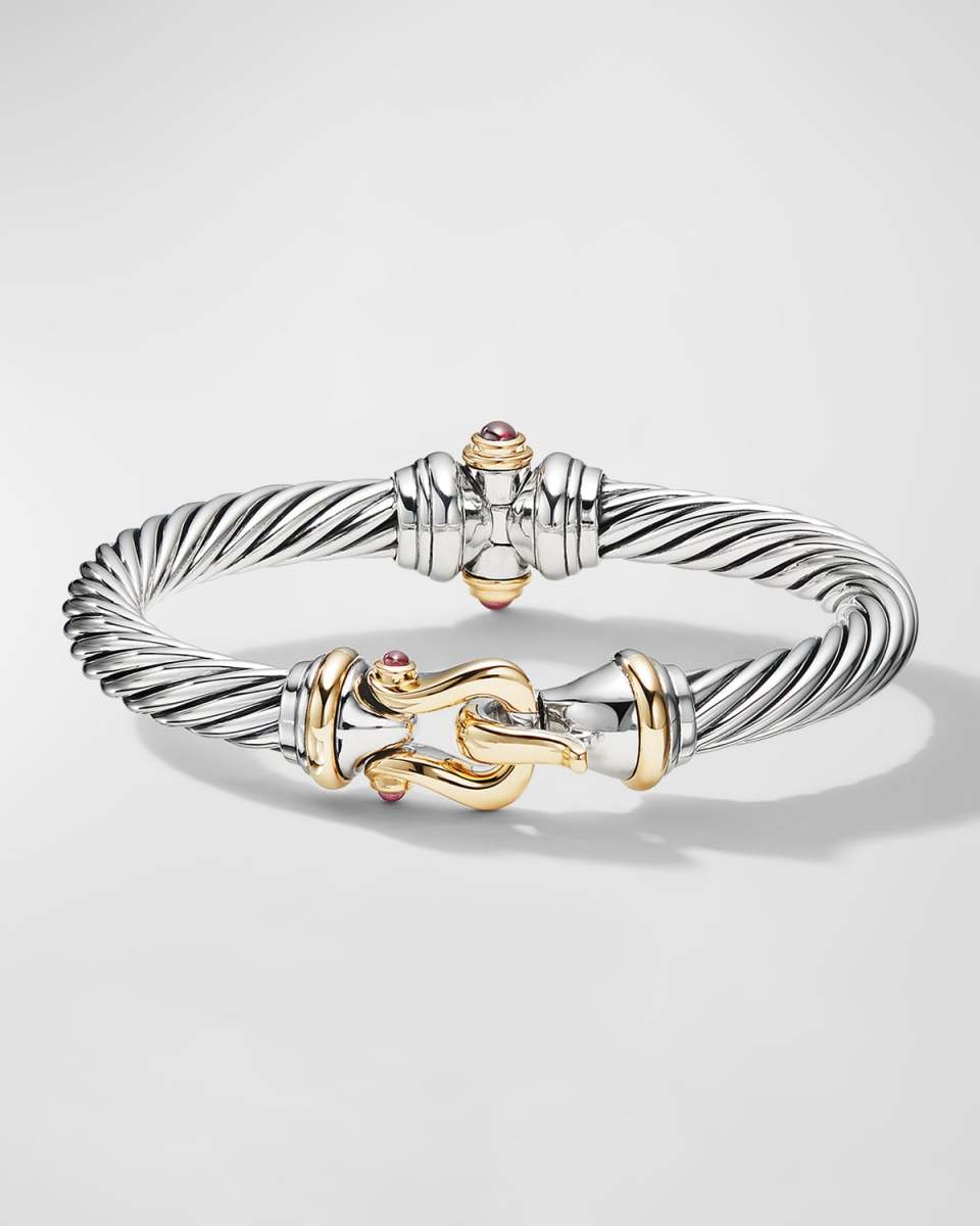 Buckle Cable Bracelet with Gemstone and 18K Gold in Silver, 7mm