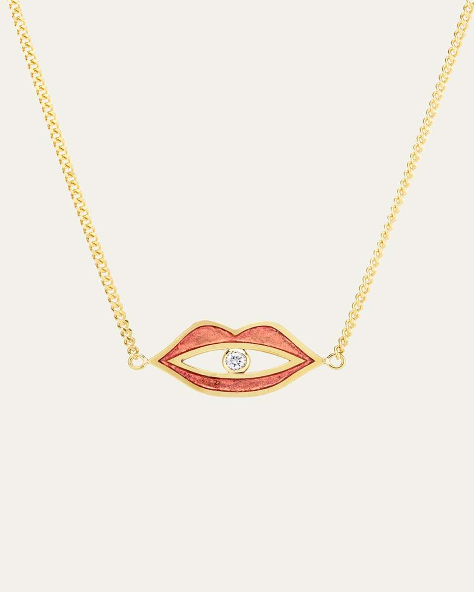 18K Yellow Gold Red Guilloche Enamel and Diamond Lips Necklace