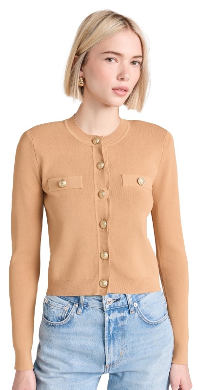 L'AGENCE Toulouse Crop Crew Neck Cardigan Soft Camel