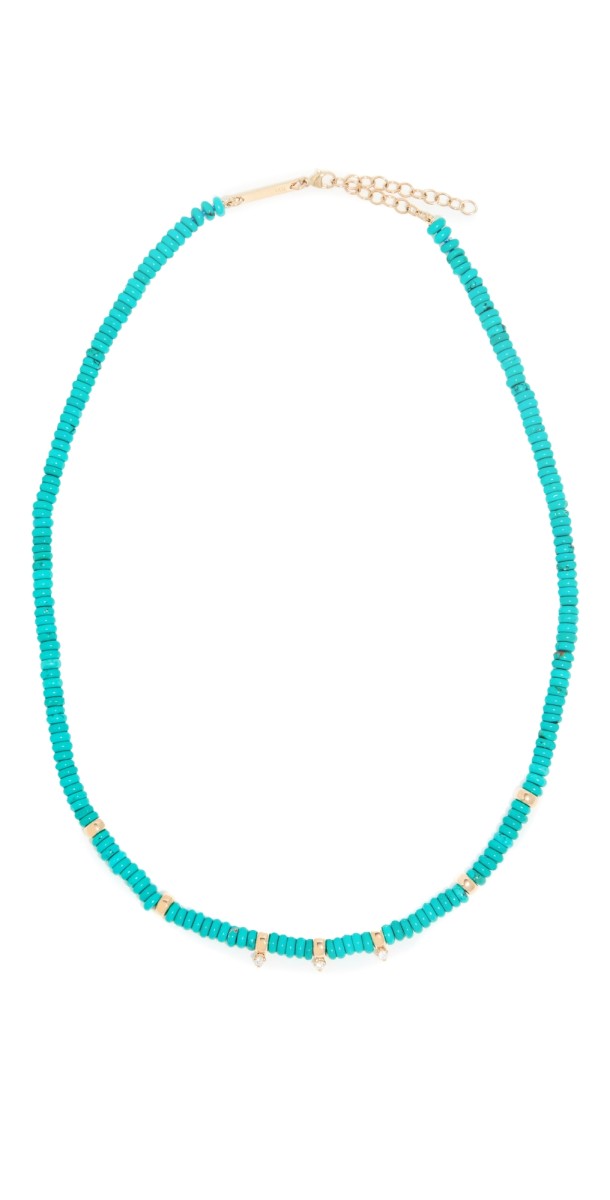 Zoe Chicco 14k Gold & Turquoise Rondelle Bead Necklace with 3 Prong Diamonds Turquois