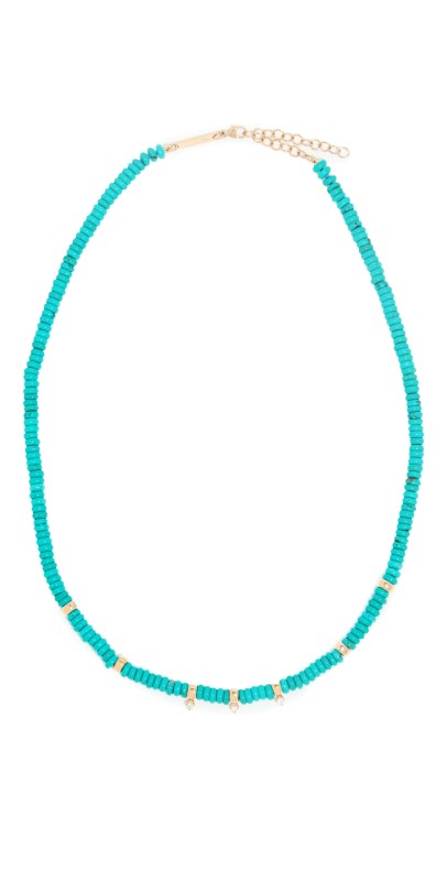 Zoe Chicco 14k Gold & Turquoise Rondelle Bead Necklace with 3 Prong Diamonds Turquois