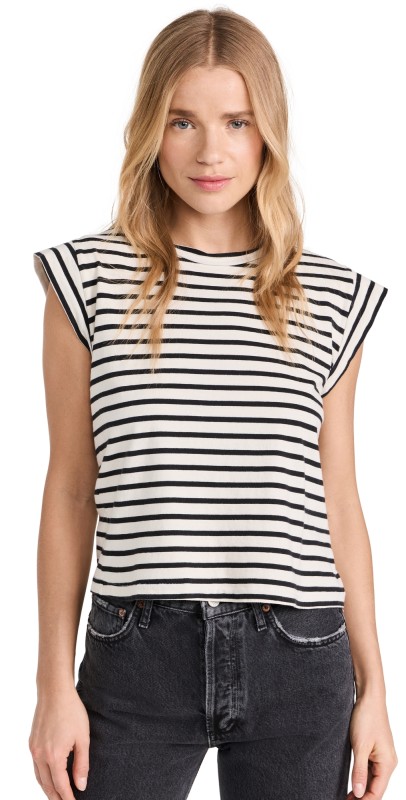 THE GREAT. The Peak Tee Black & Cream Gondola Stripe