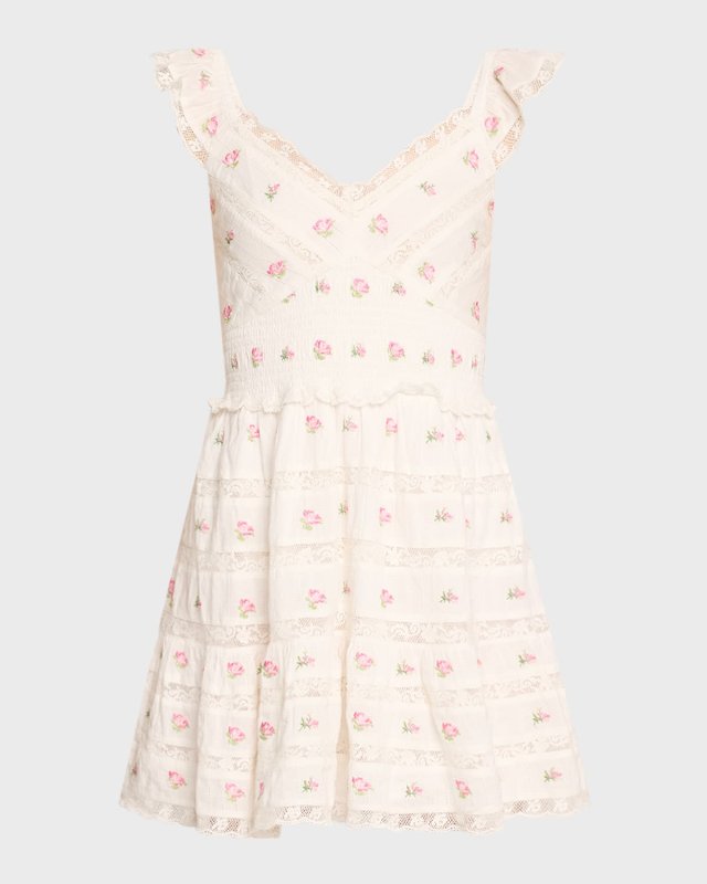 Finny Embroidered Lace Flutter-Sleeve Mini Dress