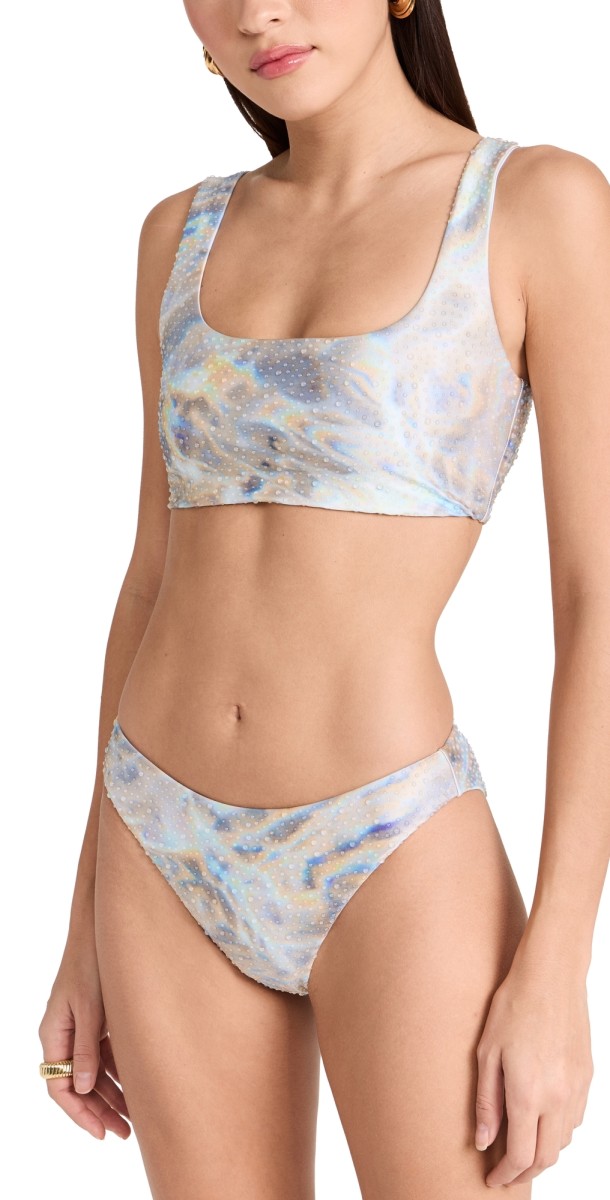SIMKHAI Klaine Bikini Top Water Print Mother Of Pearl
