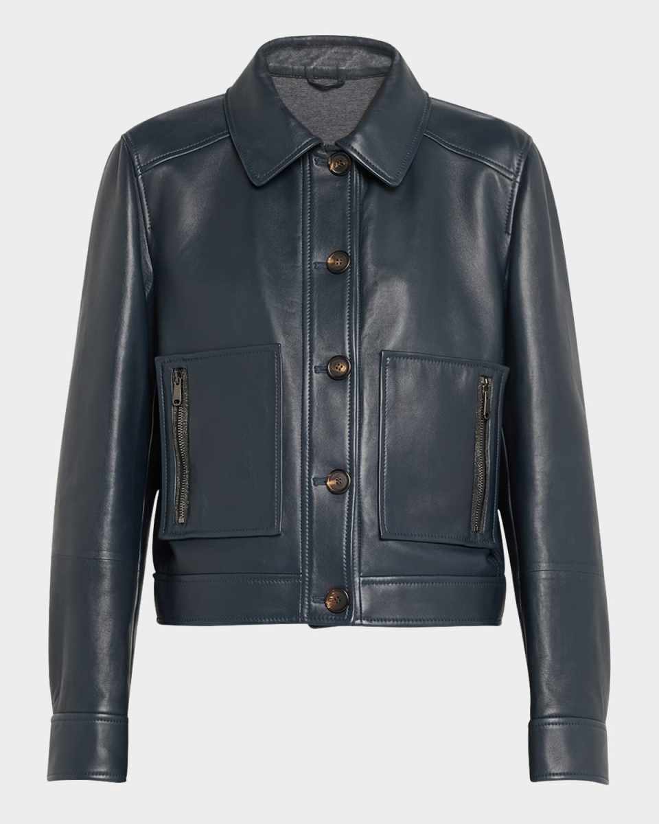 Smooth Glove Leather Crop Jacket With Monili Zip Pockets