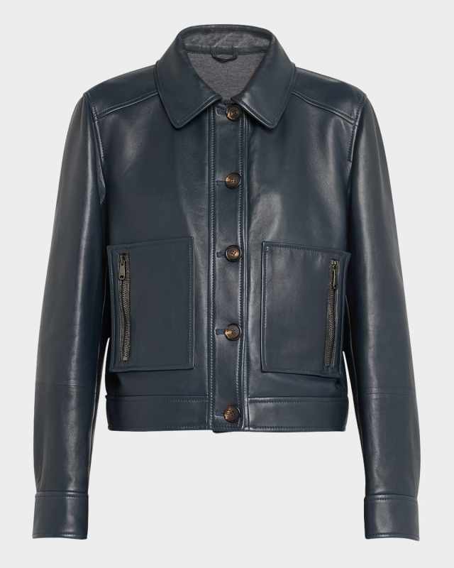 Smooth Glove Leather Crop Jacket With Monili Zip Pockets
