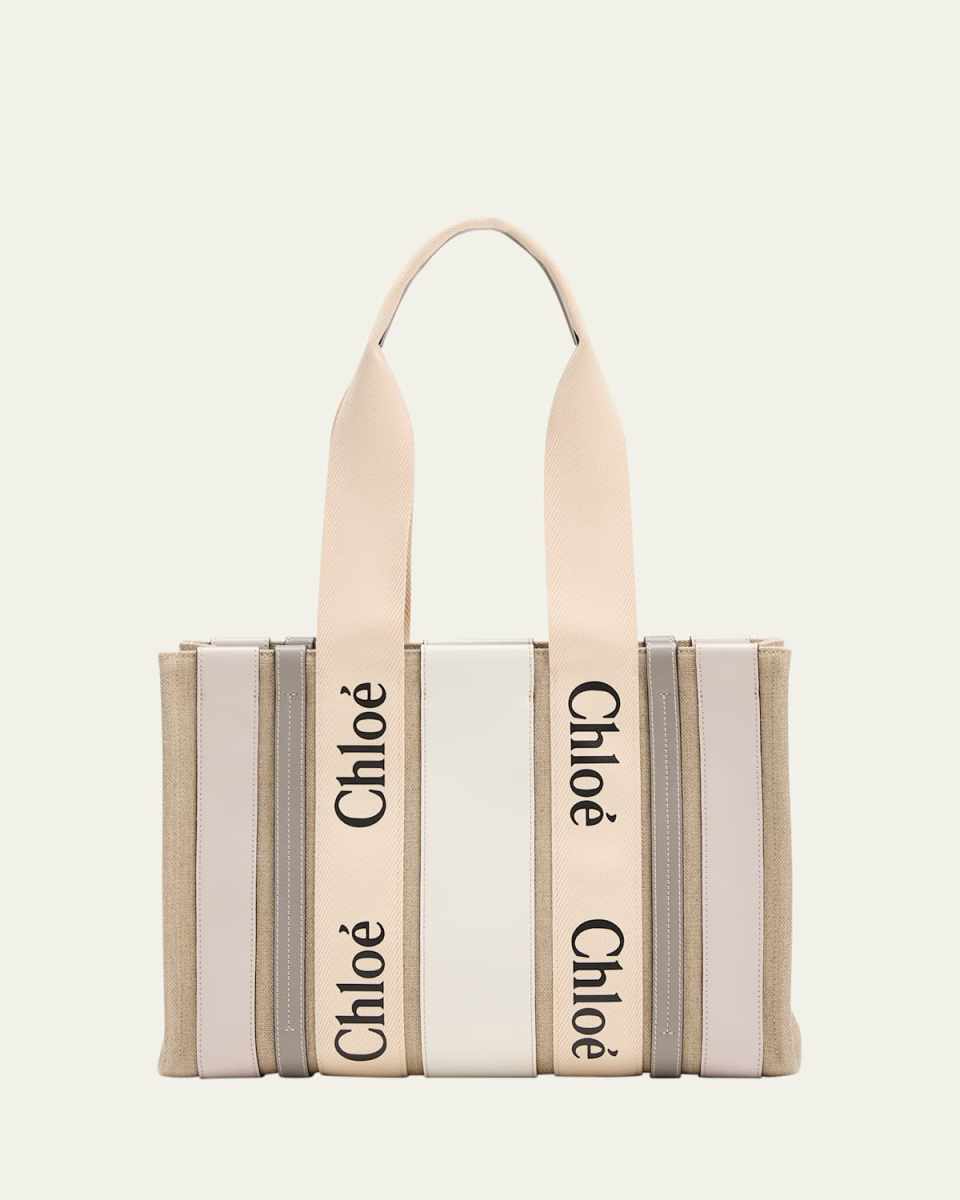 x High Summer Woody Medium Tote Bag in Striped Linen and Leather