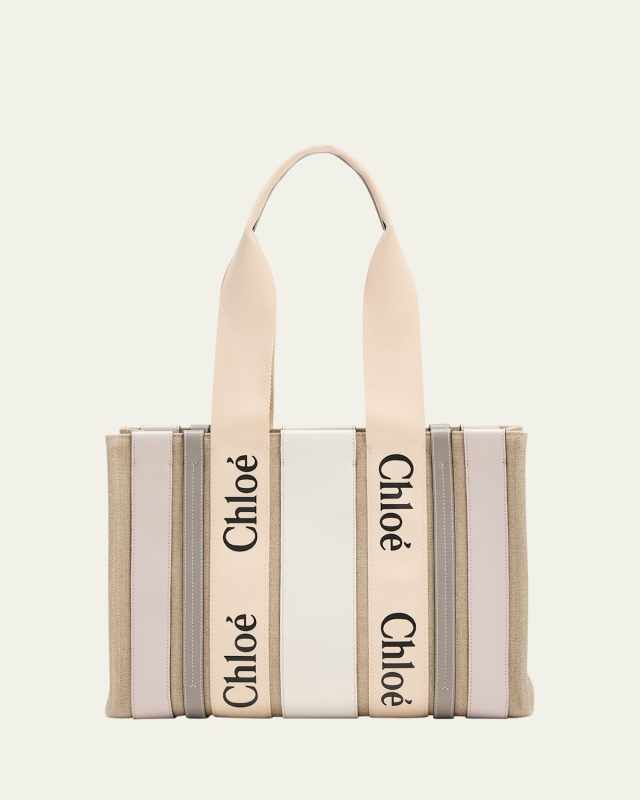 x High Summer Woody Medium Tote Bag in Striped Linen and Leather