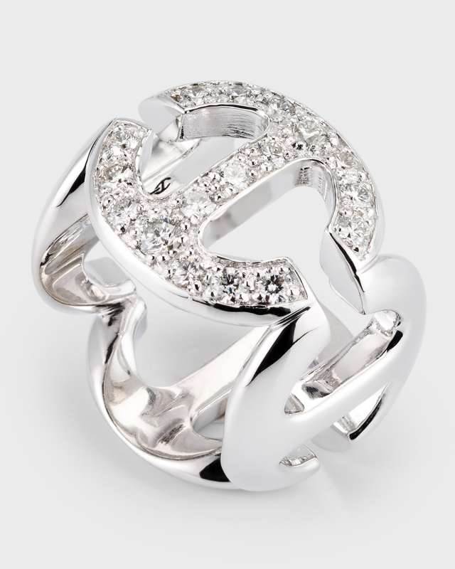 18K White Gold Square Link Ring with Diamonds, Size