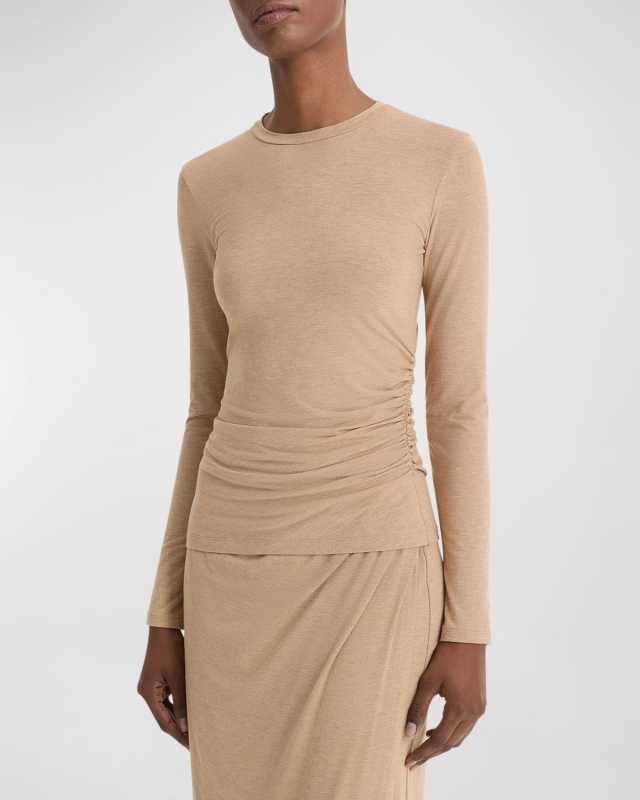 Side Drape Long-Sleeve Crewneck Top