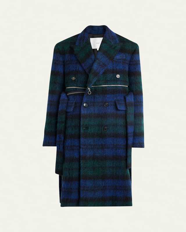 Long Tartan Double-Zip Wool Coat