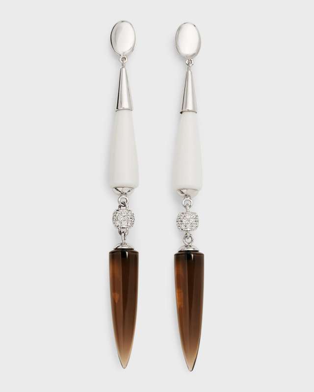 18K White Gold Look At Me Earrings with White Agate, Smokey Quartz and Diamonds