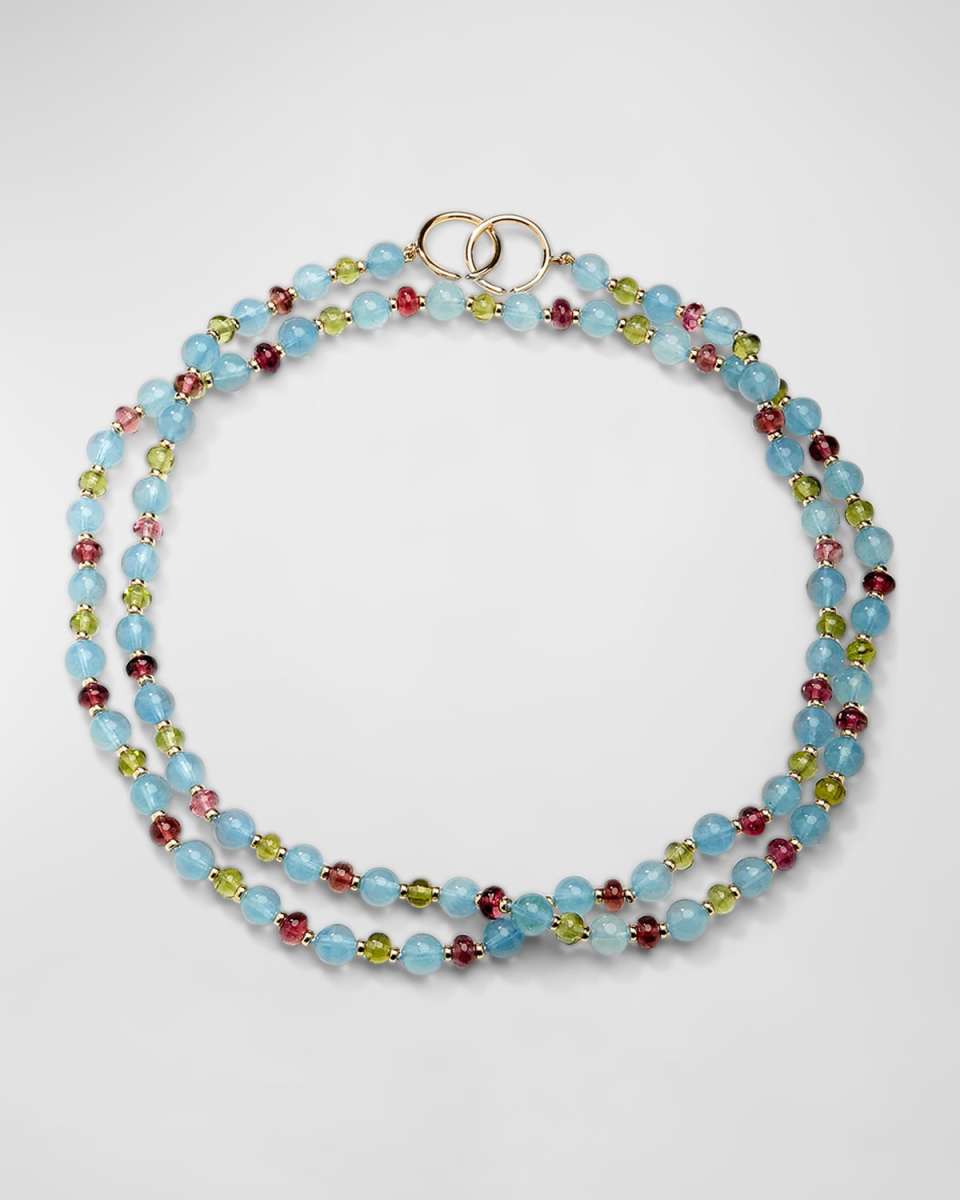 18K Yellow Gold Limited Edition Mogul Bead Necklace with Aquamarine, Rubellite and Peridot