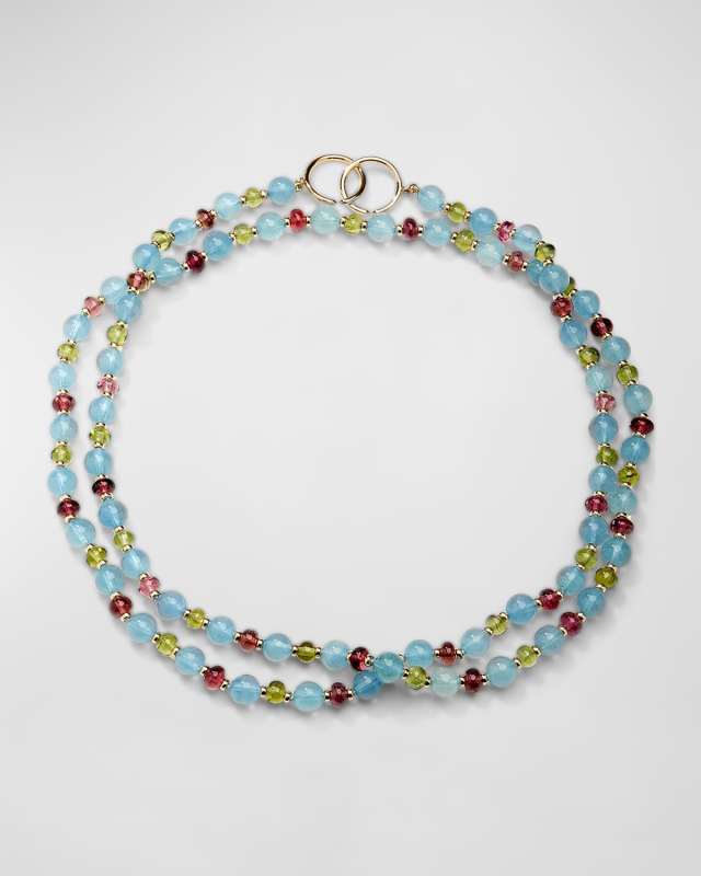 18K Yellow Gold Limited Edition Mogul Bead Necklace with Aquamarine, Rubellite and Peridot
