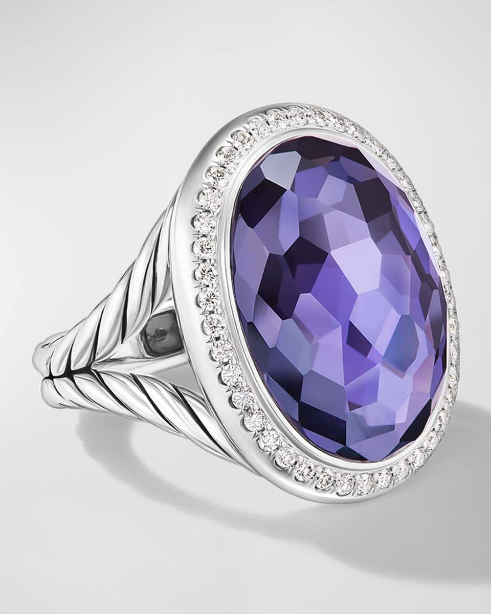 Oval Ring with Gemstone and Diamonds in Silver, 24.5x21mm