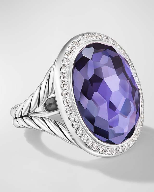 Oval Ring with Gemstone and Diamonds in Silver, 24.5x21mm