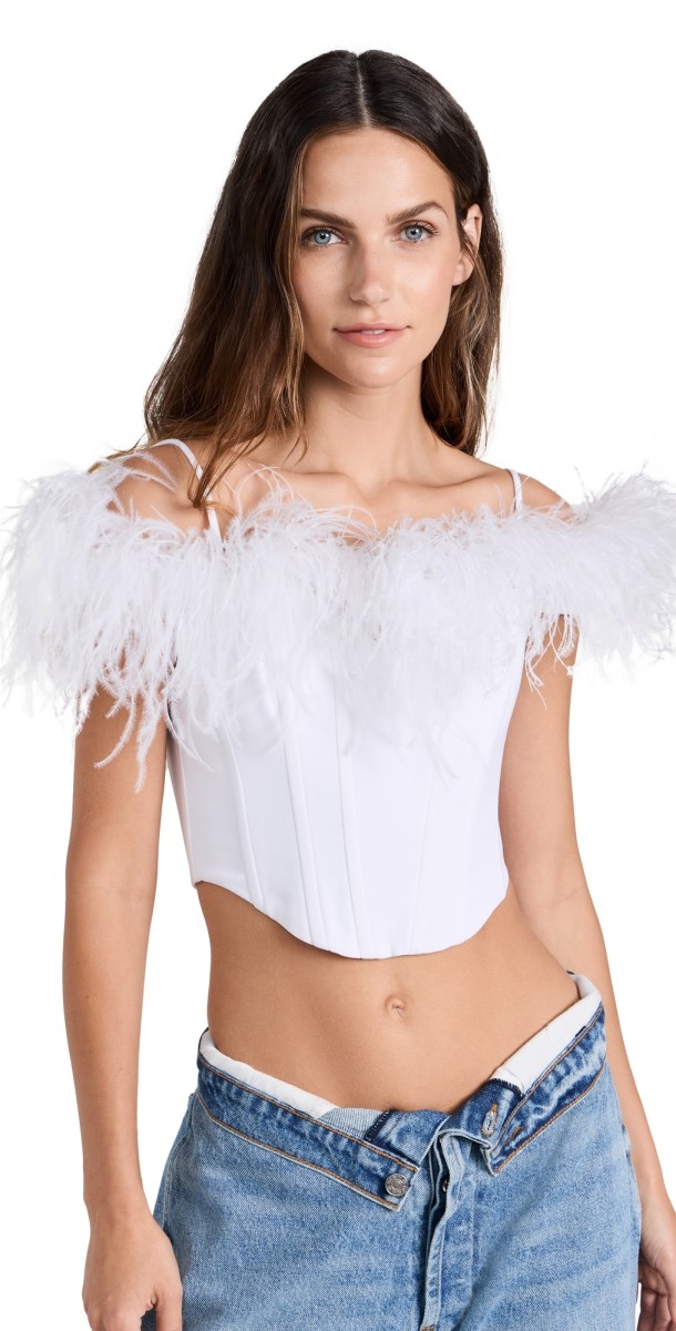Rozie Corsets Off Shoulder Satin Corset with Feathers White