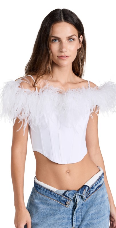 Rozie Corsets Off Shoulder Satin Corset with Feathers White