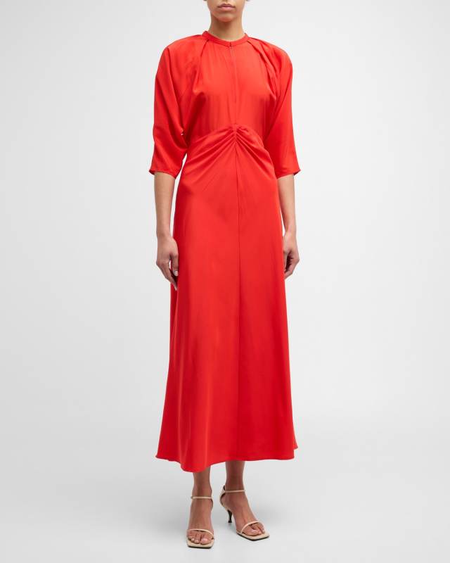 Ruched Dolman-Sleeve Silk Midi Dress