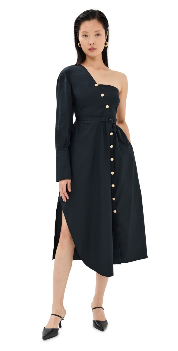 Rosetta Getty Asymmetric One Shoulder Shirtdress Black