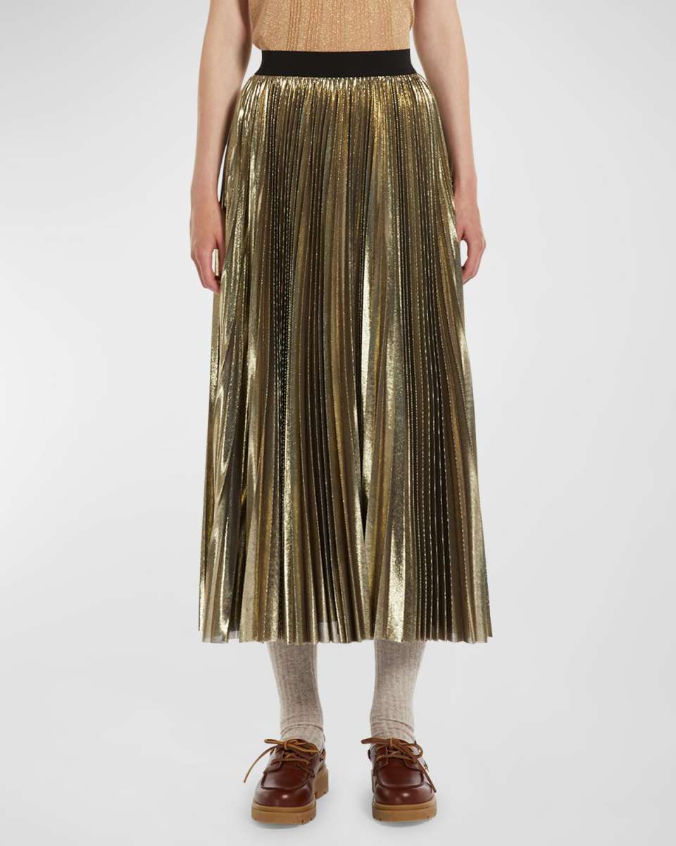 Nurra Pleated Metallic A-Line Midi Skirt