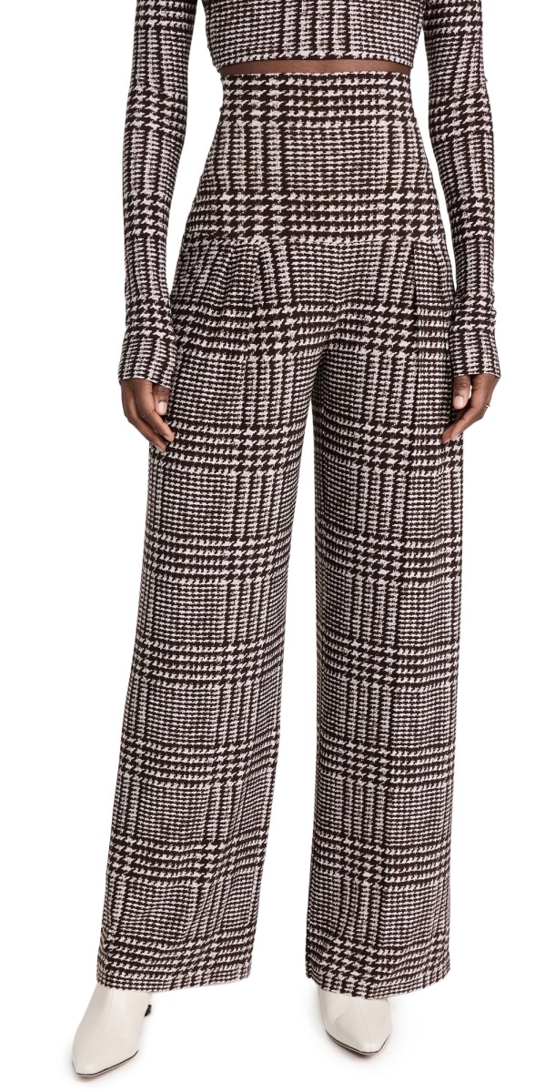 Norma Kamali High Waist Pleat Pants CHOCOLATE GLENN PLAID TWEED