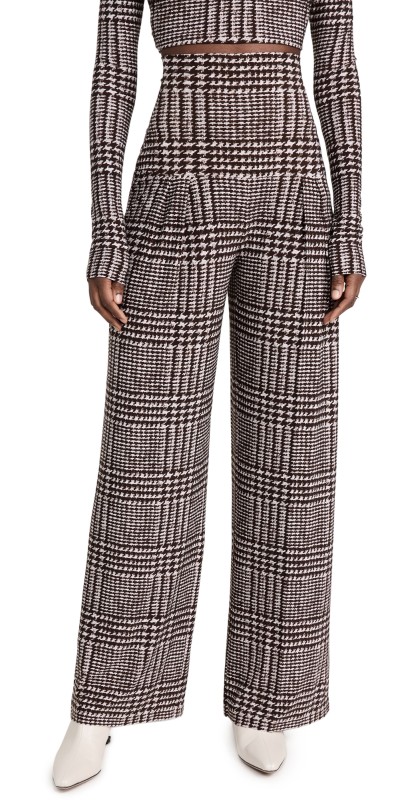 Norma Kamali High Waist Pleat Pants CHOCOLATE GLENN PLAID TWEED