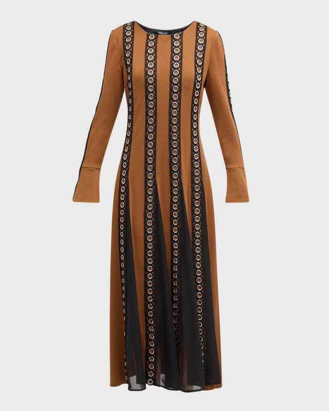 Crochet-Trim Knit Godet Midi Dress