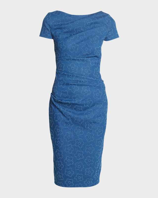 Flower Stitched Denim Cap-Sleeve Sheath Dress