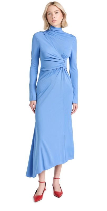Victoria Beckham High Neck Asymmetric Draped Dress Oxford Blue