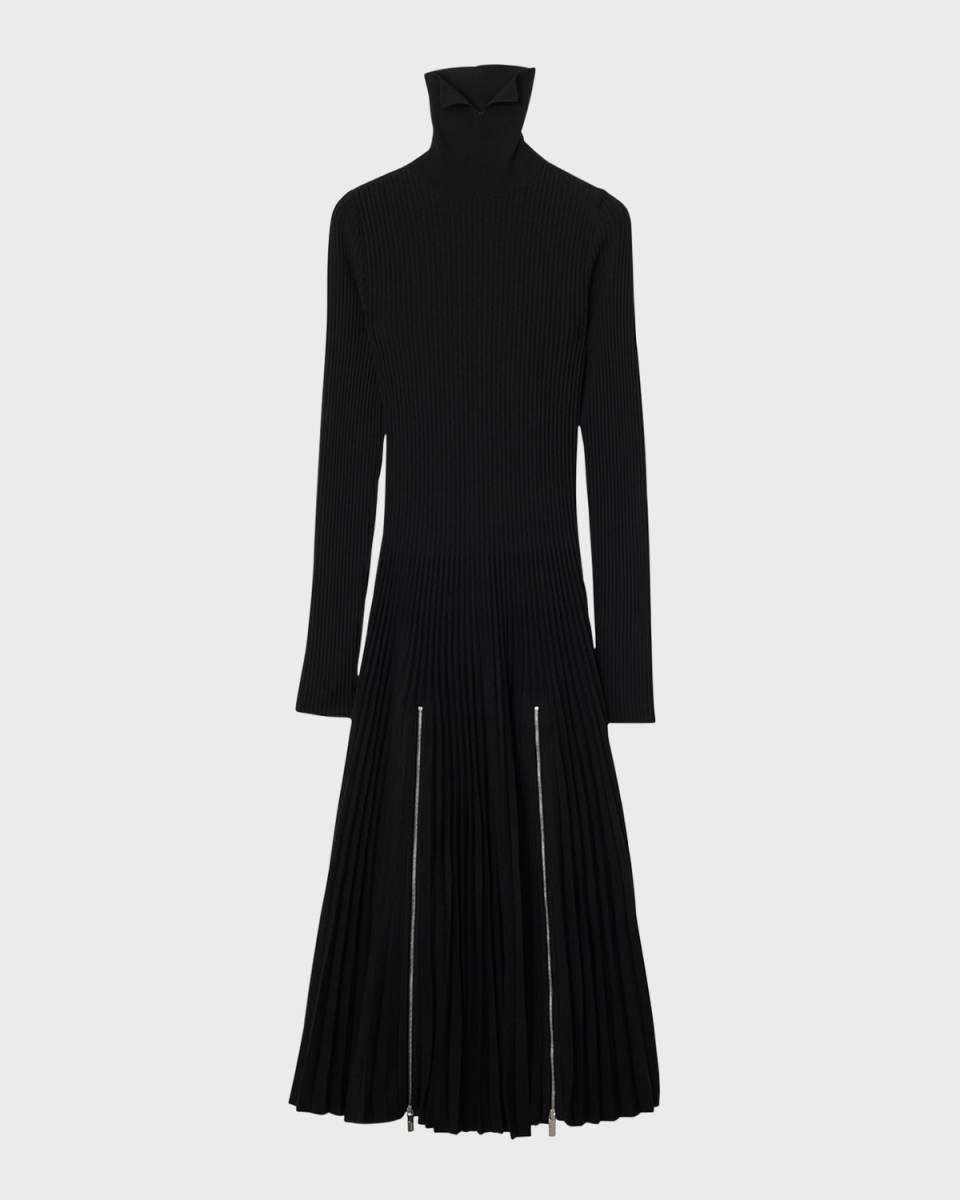 Turtleneck Pleated Rib Zipper Midi Dress
