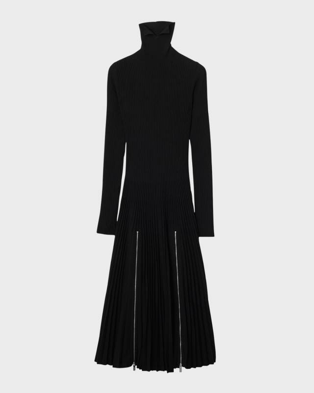 Turtleneck Pleated Rib Zipper Midi Dress