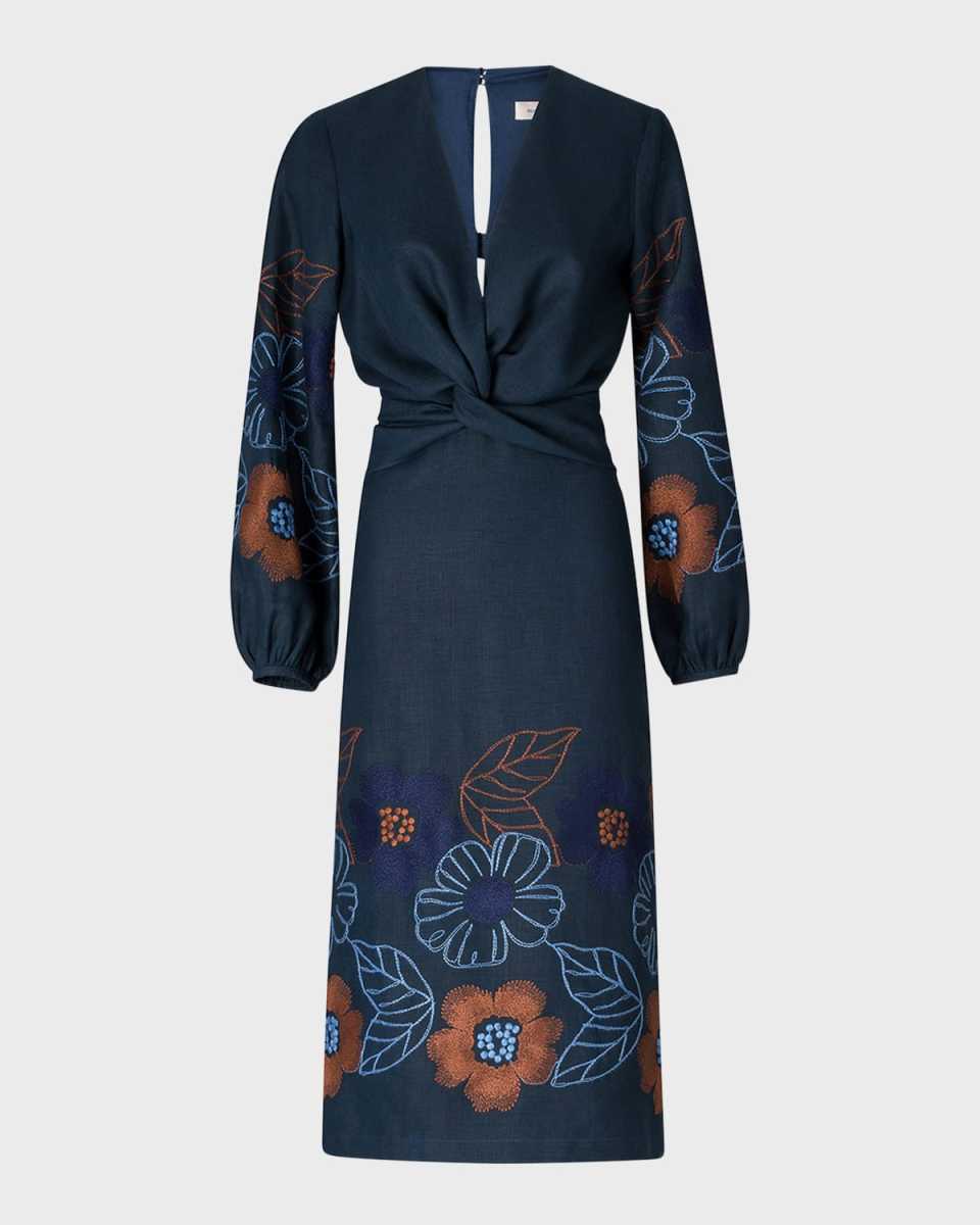 Laoise Floral Embroidered Tie Linen Midi Dress