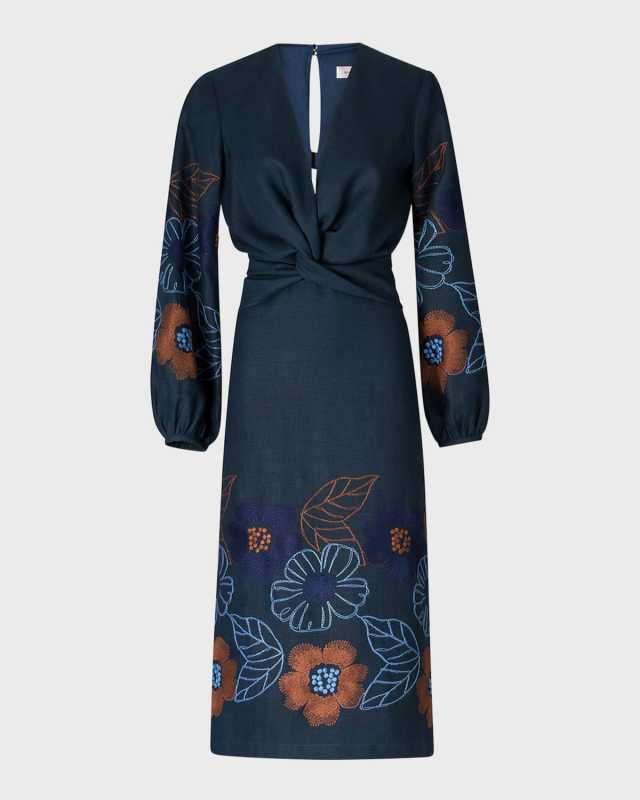 Laoise Floral Embroidered Tie Linen Midi Dress