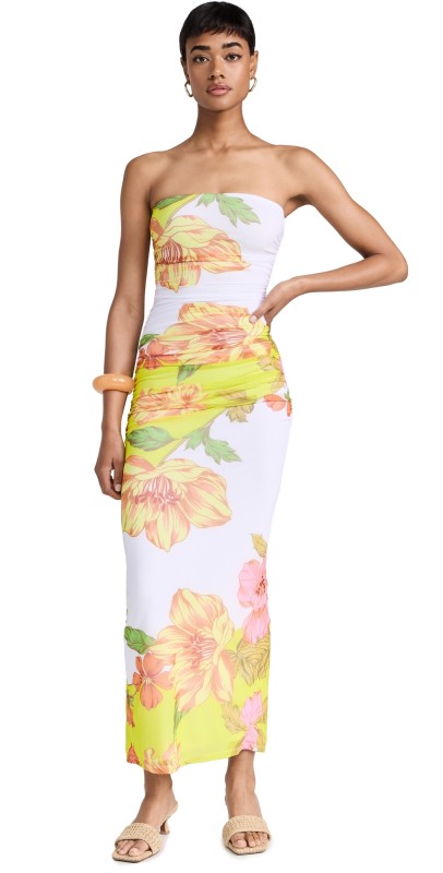 AFRM Marlo Tube Ruched Midi Dress Colorblock Floral